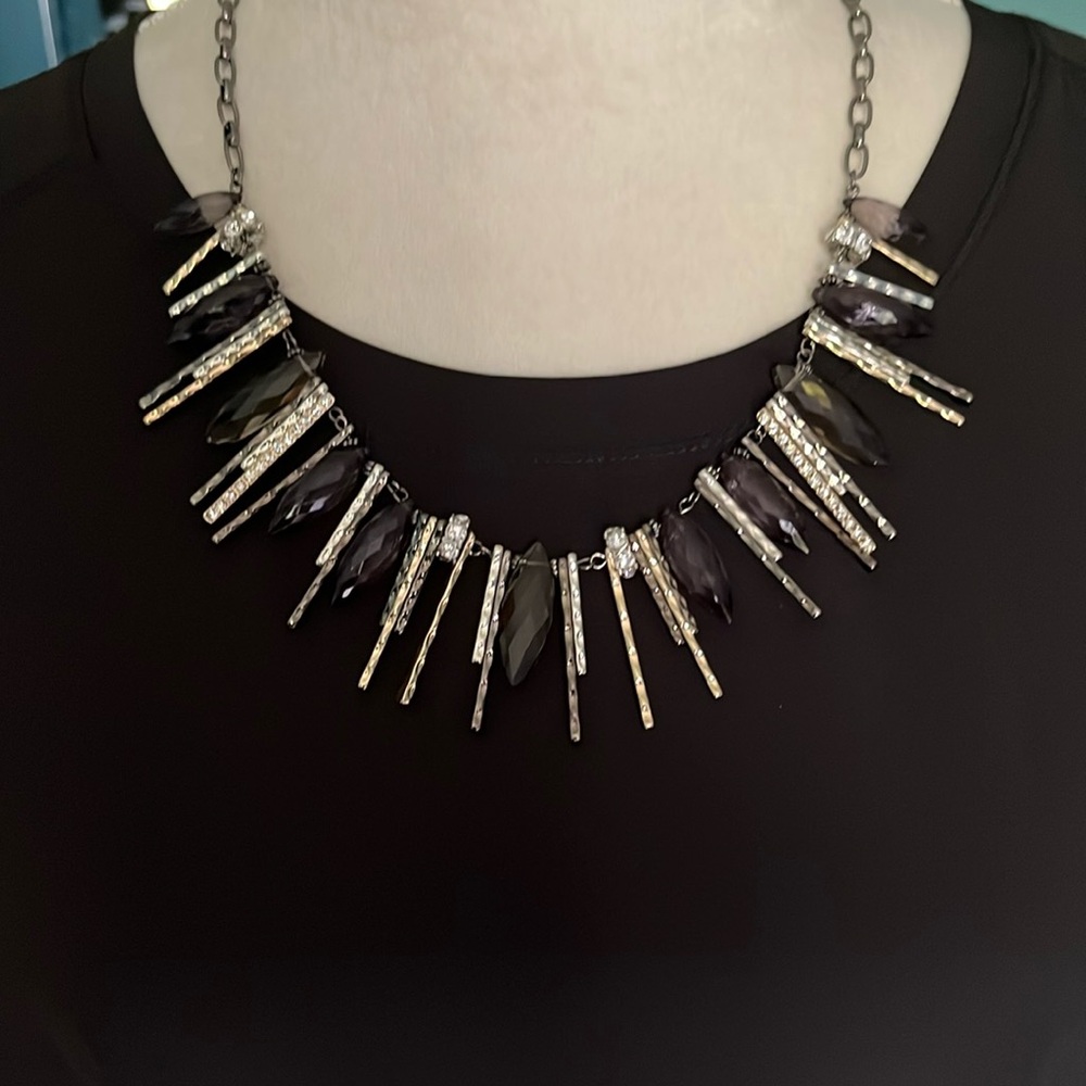 Black/Gold/Gray Bar Necklace with Rhinestones. Lobster clasp. Adjusts 18” to 23”